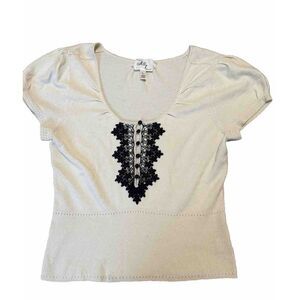 Milly NY Cream Knit Top with Black Lace Detail Cap Sleeve V-Neck‎ Blouse Size L